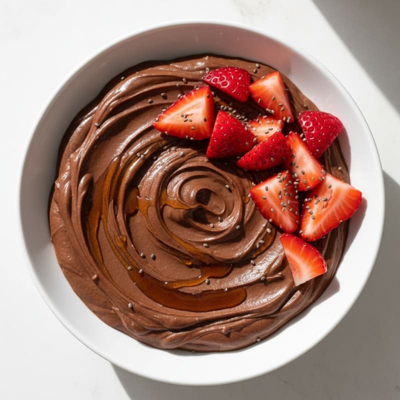 Chocolate Protein Pudding with Sliced Strawberries