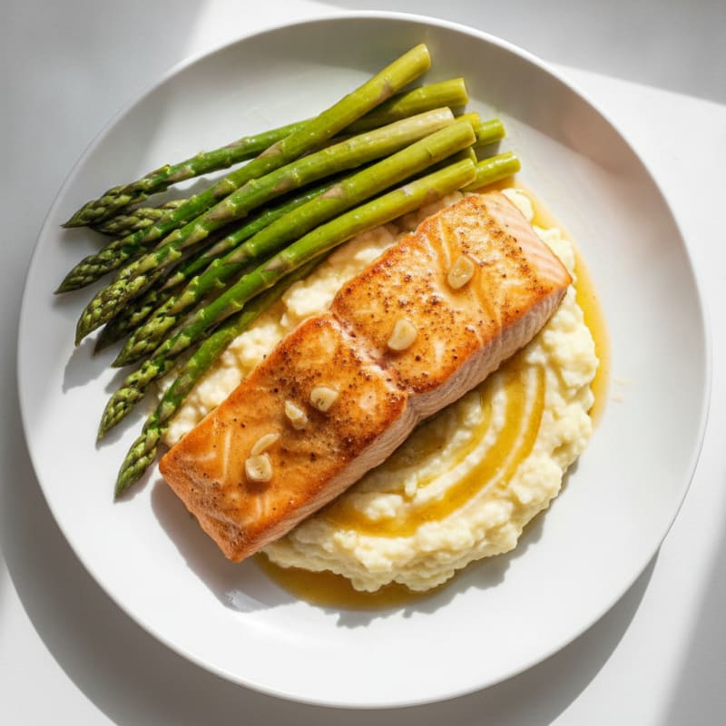 Seared Salmon with Steamed Asparagus and Garlic Mashed Cauliflower