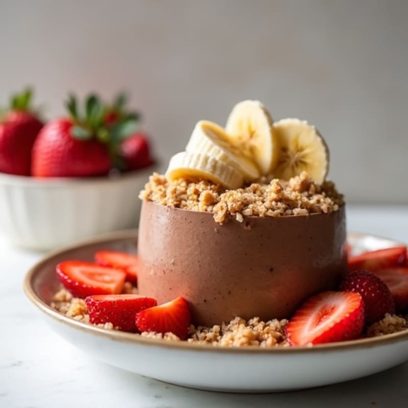 Chocolate Protein Mousse with Rice Cake Crumble and Sliced Fruit