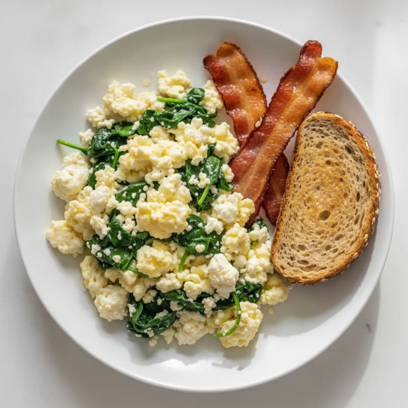 Cottage Cheese Scramble with Turkey Bacon and Sautéed Spinach