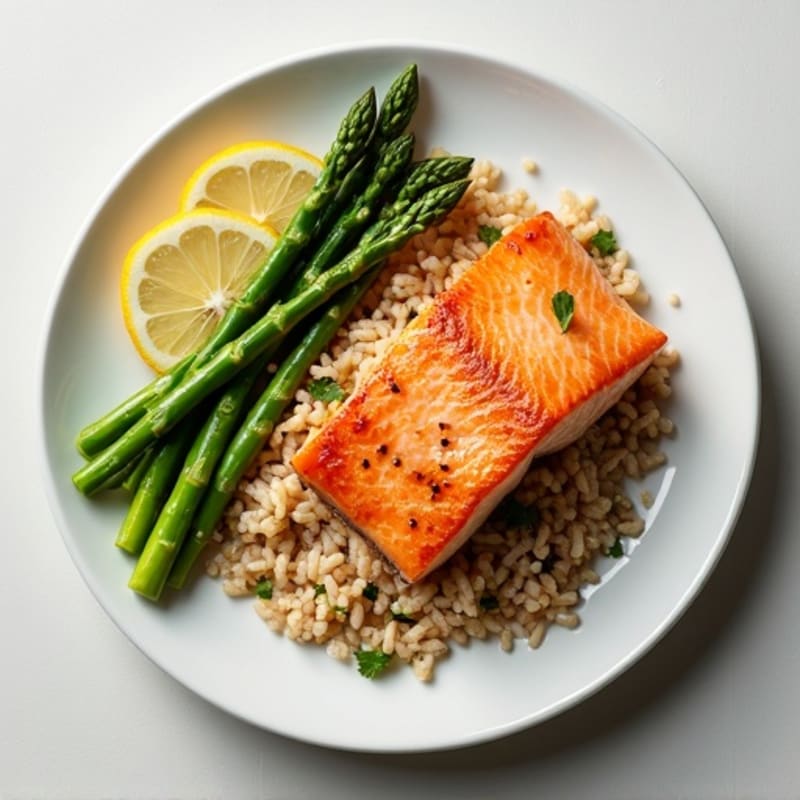 Seared Salmon with Steamed Asparagus and Brown Rice