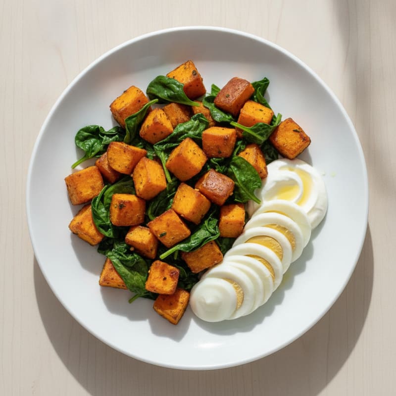 Sweet Potato Spinach Scramble with Boiled Egg Whites