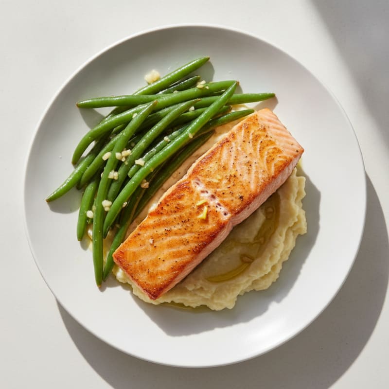 Seared Salmon with Garlic Green Beans and Cauliflower Mash