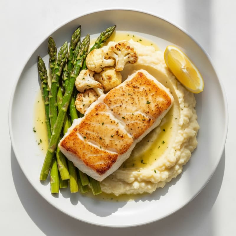 Seared Cod with Roasted Asparagus and Cauliflower Mash