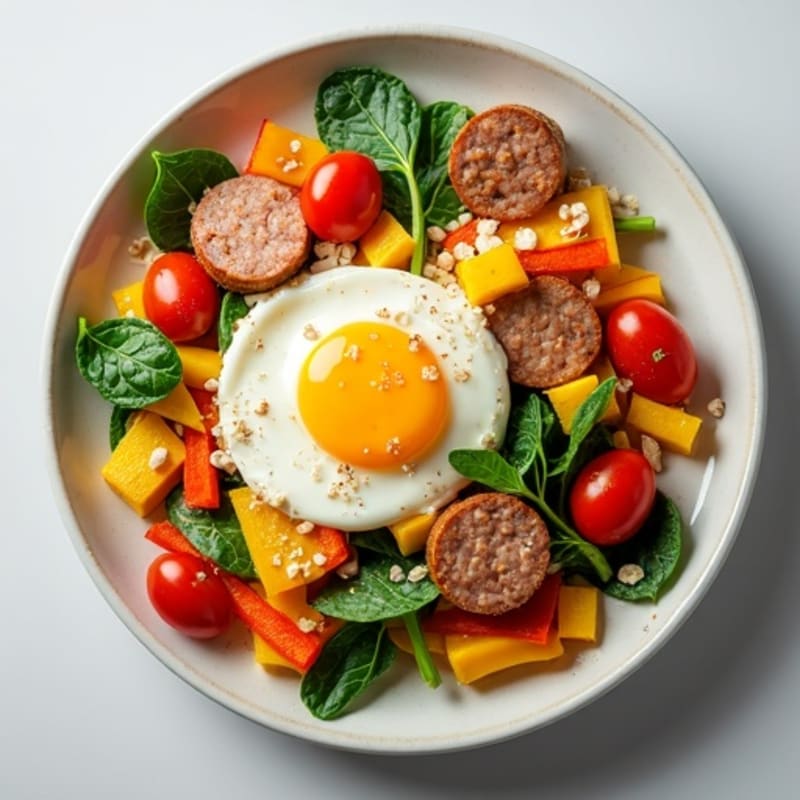Egg White Vegetable Scramble with Turkey Sausage and Cottage Cheese