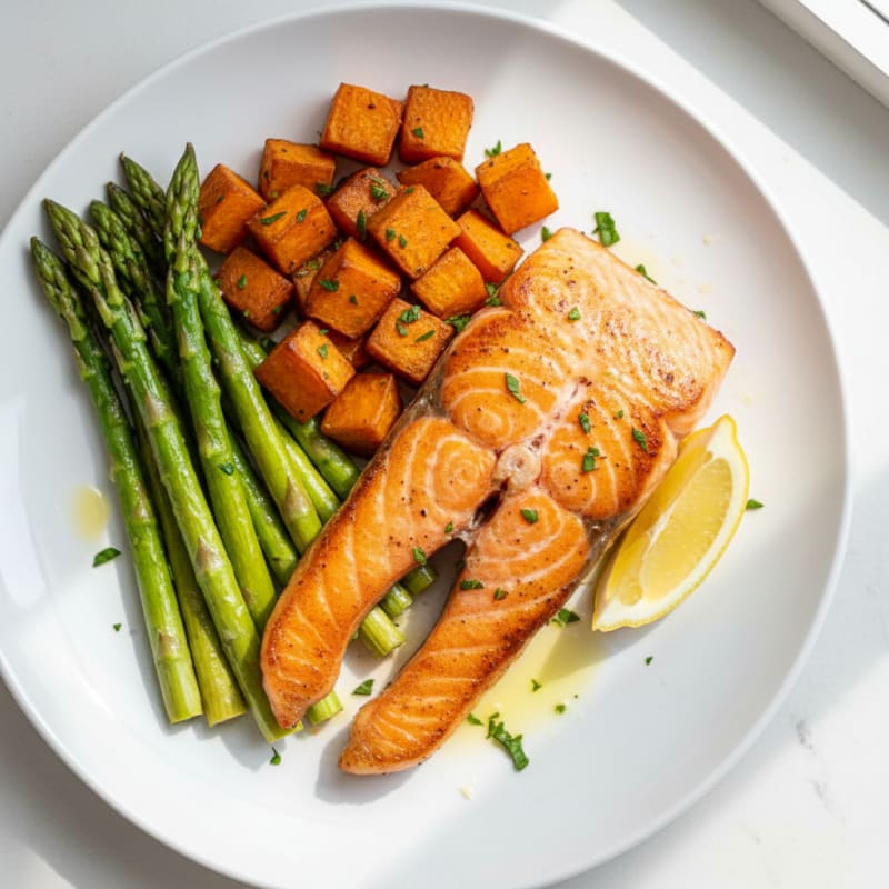 Seared Salmon with Roasted Sweet Potato and Asparagus