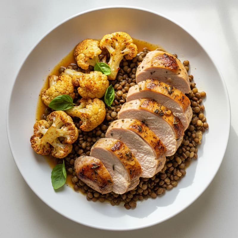Seared Turkey Breast with Roasted Cauliflower and Lentils