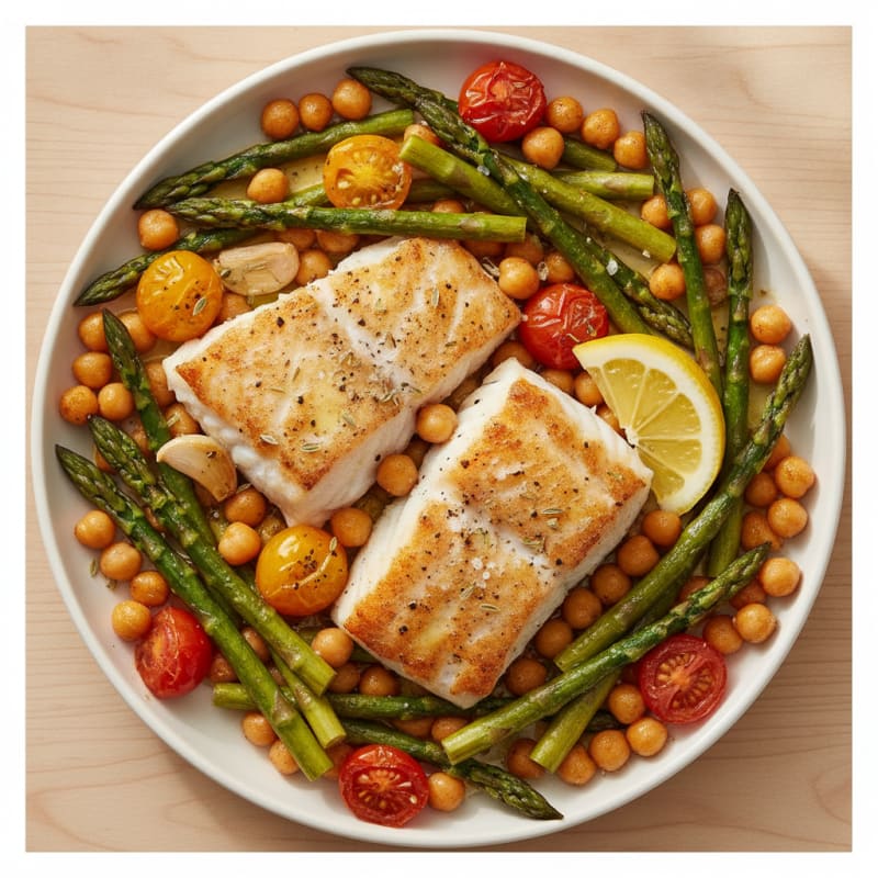 Baked Cod with Roasted Asparagus and Chickpeas