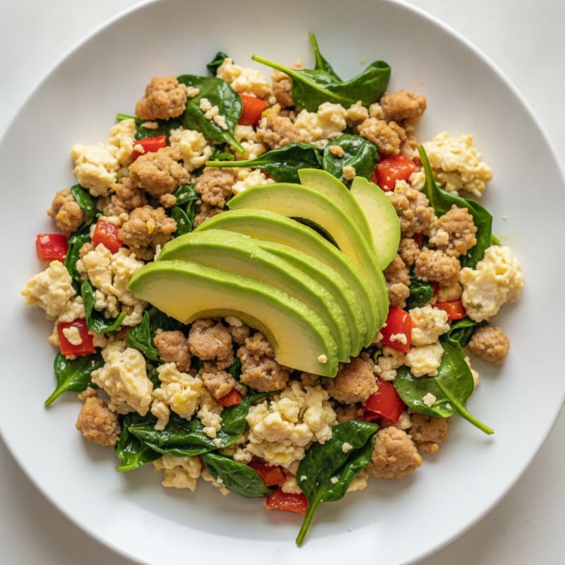 Egg White and Turkey Sausage Scramble with Spinach and Bell Peppers