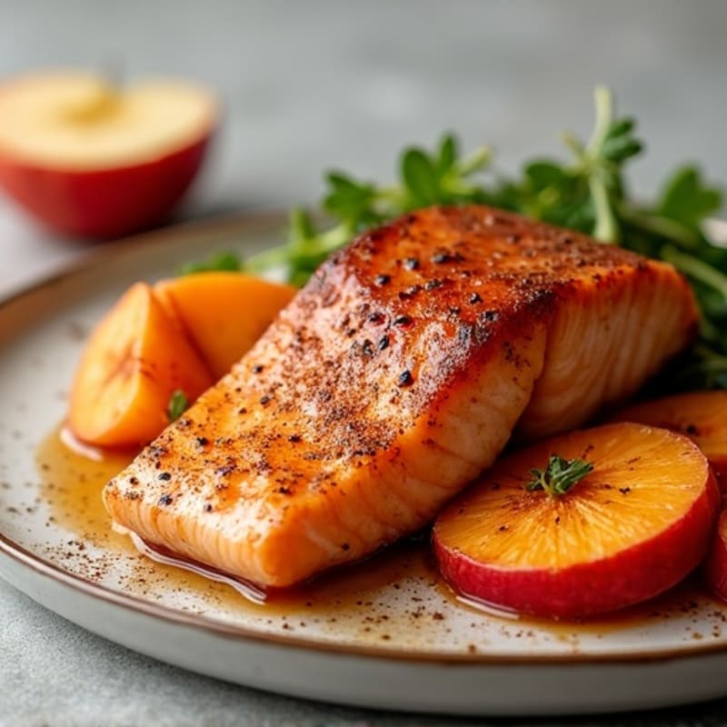 Maple Glazed Salmon with Roasted Sweet Potatoes and Cinnamon Apples