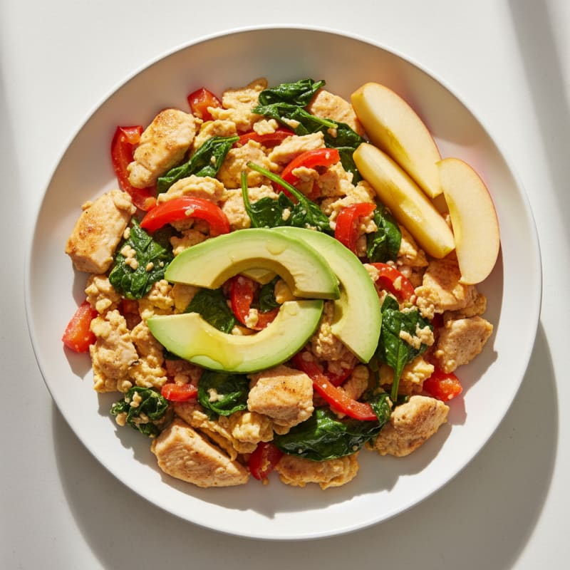 Egg and Chicken Veggie Scramble with Avocado Slices