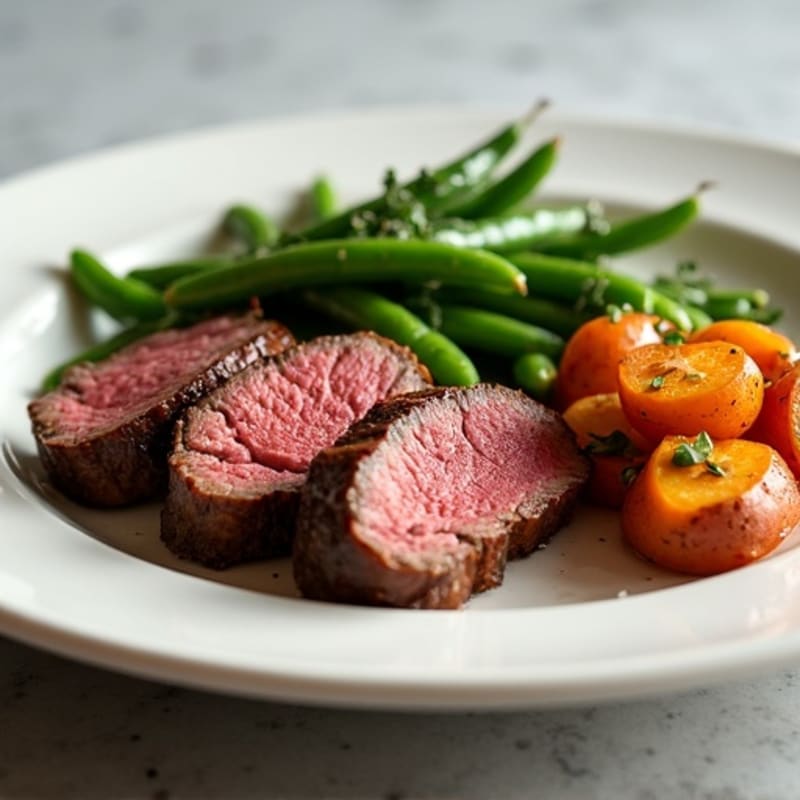 Seared Beef Tenderloin with Garlic Green Beans and Roasted Sweet Potatoes