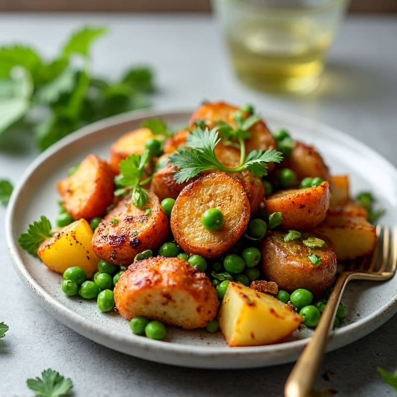 Crispy Spiced Potato and Pea Chicken Skillet with Fresh Cilantro Mint Chutney