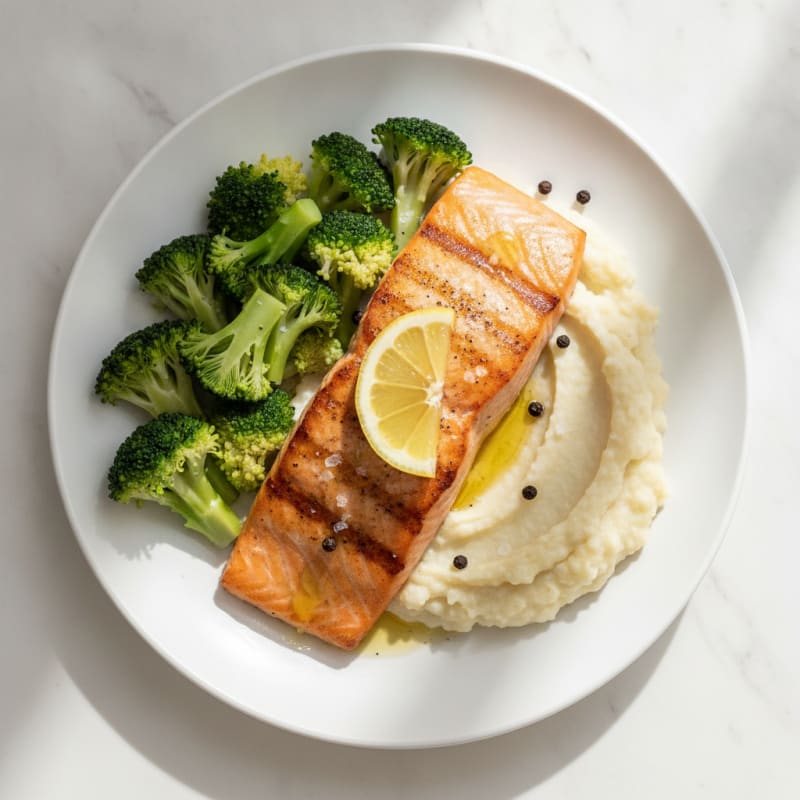 Seared Salmon Fillet with Steamed Broccoli and Cauliflower Mash