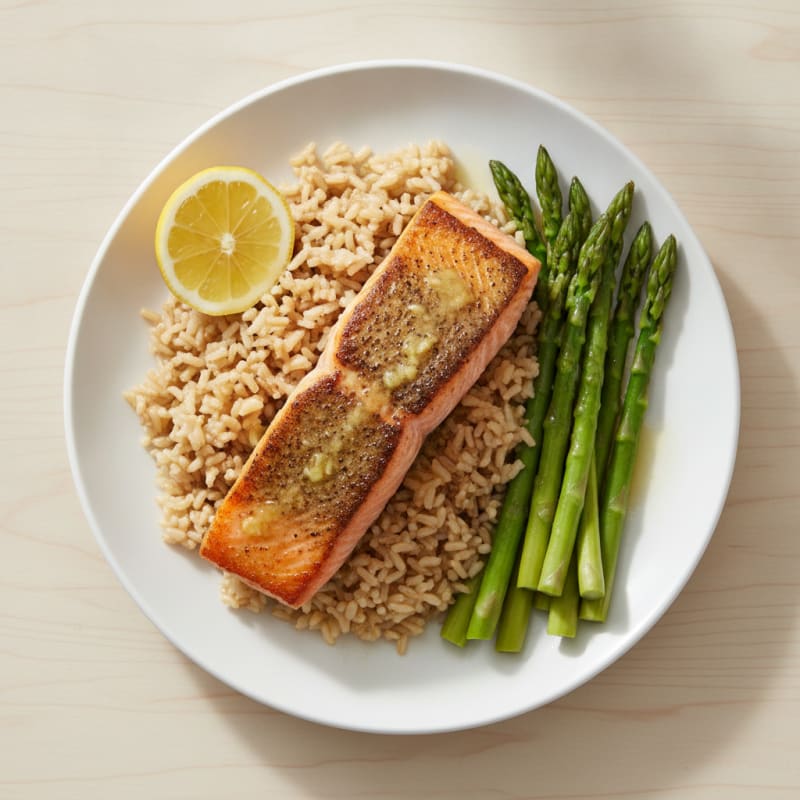 Seared Salmon with Steamed Asparagus and Brown Rice