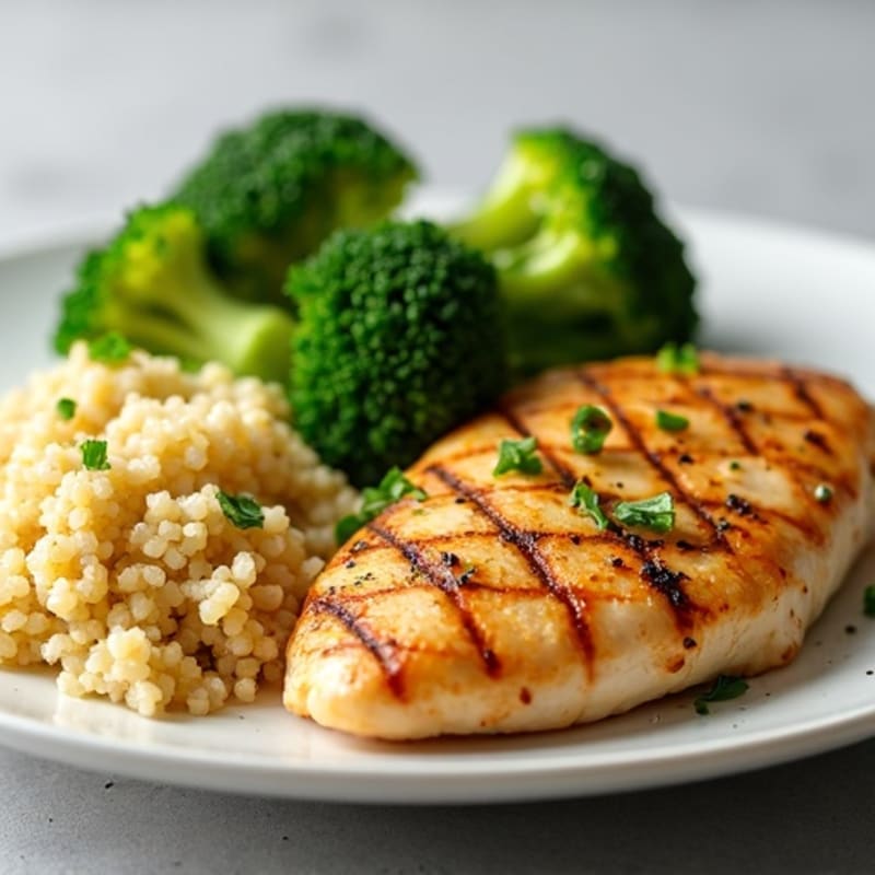 Grilled Lemon Garlic Chicken Breast with Quinoa and Steamed Broccoli
