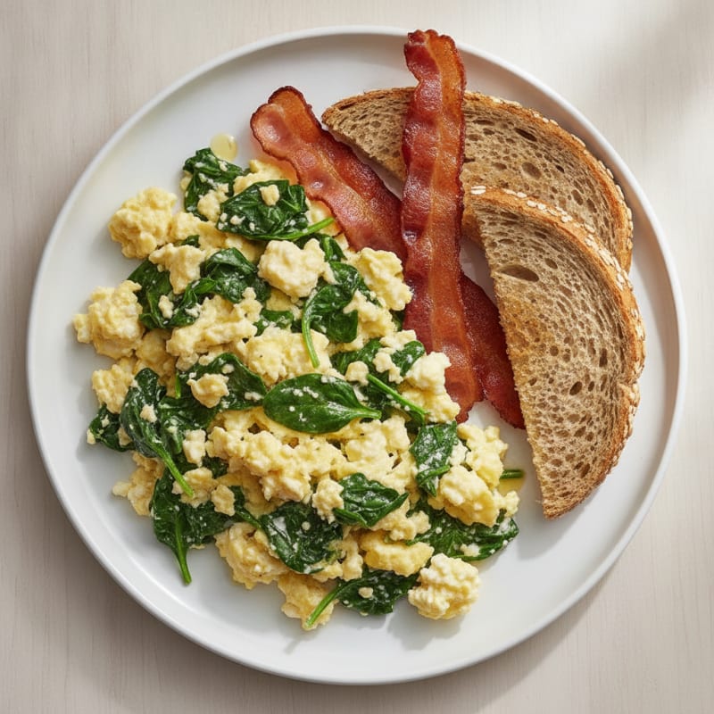 Cottage Cheese Scramble with Sautéed Spinach and Turkey Bacon