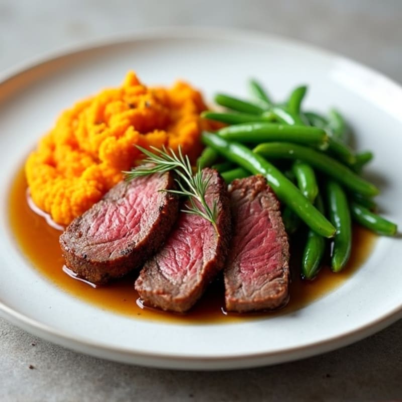 Seared Beef Strips with Steamed Green Beans and Sweet Potato Mash