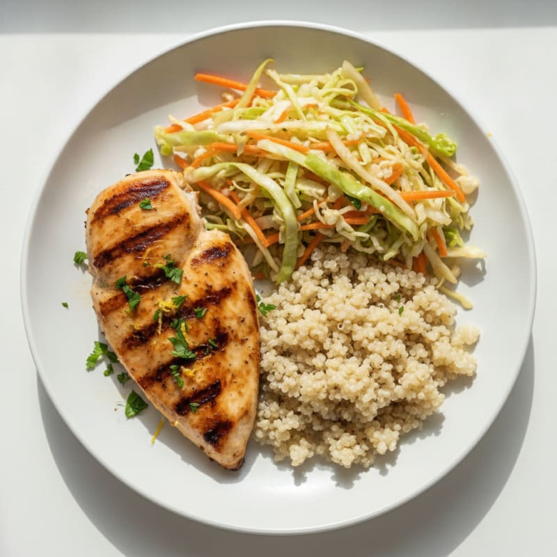 Grilled Chicken Breast with Crunchy Cabbage Slaw and Quinoa