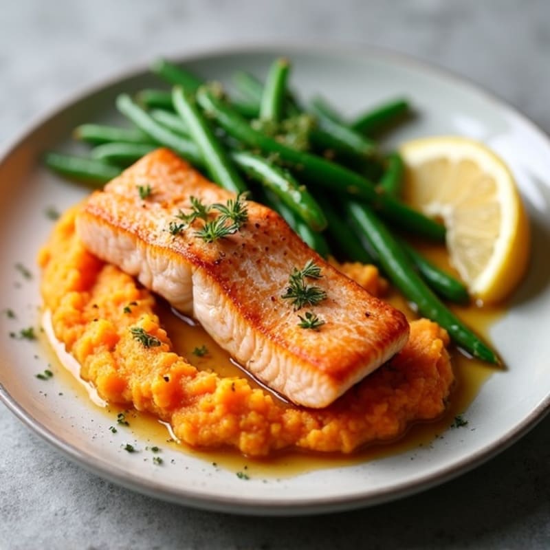 Seared Salmon with Garlic Green Beans and Sweet Potato Mash