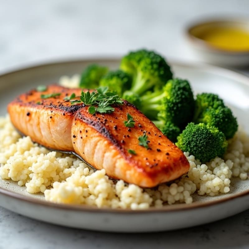Seared Salmon with Steamed Broccoli and Cauliflower Rice