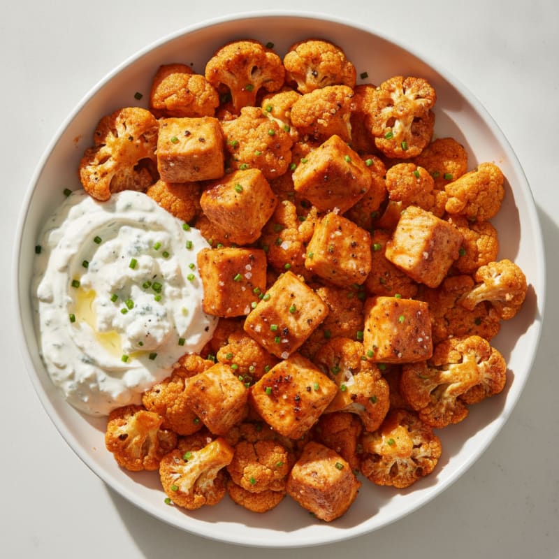 Buffalo Cauliflower and Chicken Bites with Blue Cheese Dip
