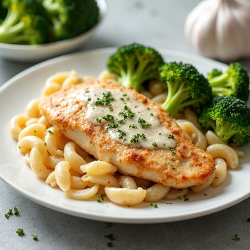 Healthy Creamy Chicken Alfredo with Whole Wheat Pasta and Roasted Broccoli