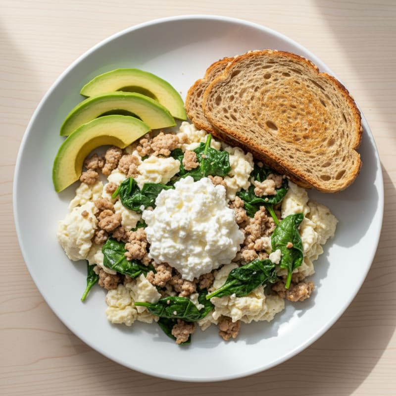Egg White and Turkey Spinach Scramble with Cottage Cheese