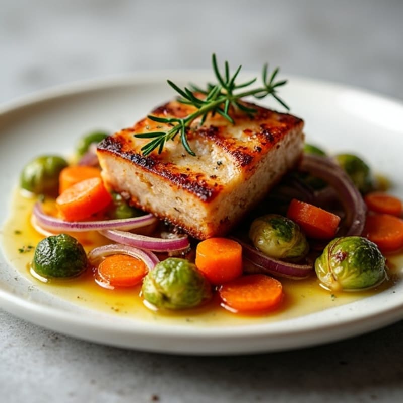 Pork Belly, Tender Slow-Braised, with Crispy Roasted Vegetables