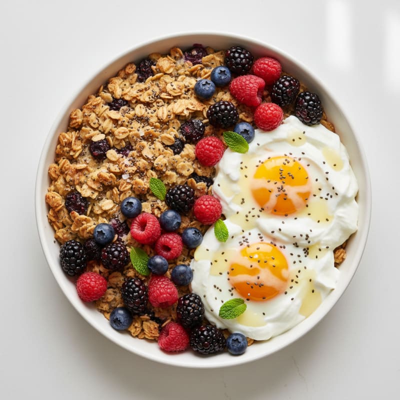 Baked Eggs with Berries and Chia Oatmeal