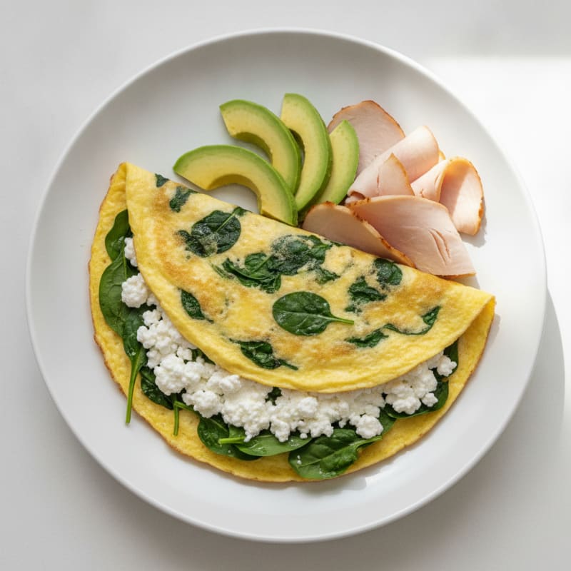 Egg White Spinach Omelette with Cottage Cheese and Sliced Turkey