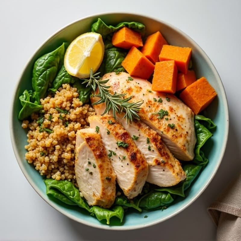 Herb-Roasted Chicken Quinoa Bowl with Roasted Sweet Potatoes