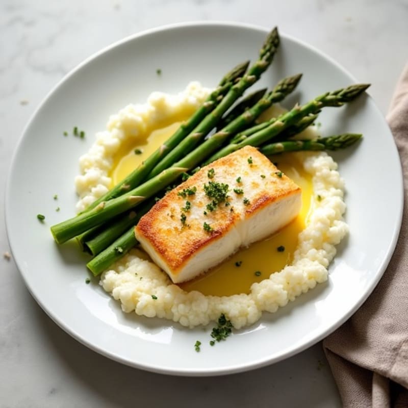 Seared Cod with Steamed Asparagus and Garlic Cauliflower Mash