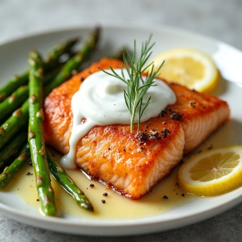 Crispy Pan-Seared Salmon with Roasted Asparagus and Creamy Lemon Dill Sauce