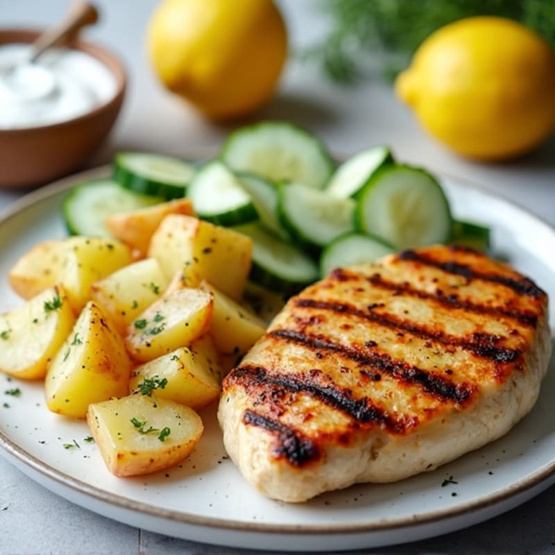 Grilled Chicken with Roasted Potatoes and Cucumber Salad