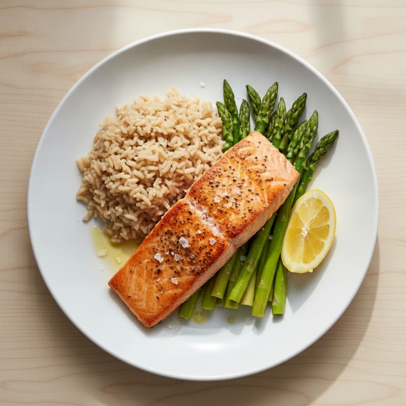 Seared Salmon with Steamed Asparagus and Brown Rice