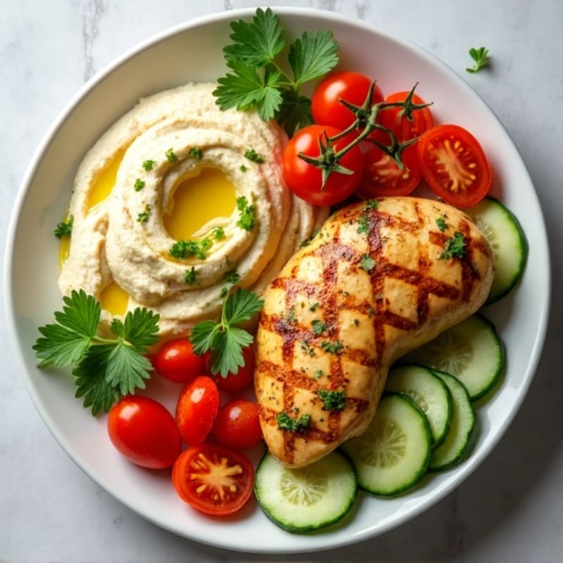 Lemon Herb Chicken and Creamy Hummus Platter with Crispy Veggies
