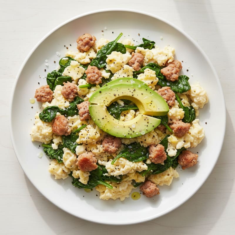 Egg White Scramble with Turkey Sausage and Sautéed Spinach