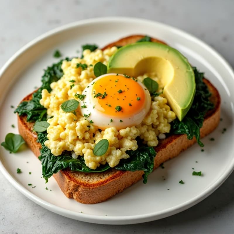 Crispy Chicken and Spinach Egg Scramble with Avocado Toast
