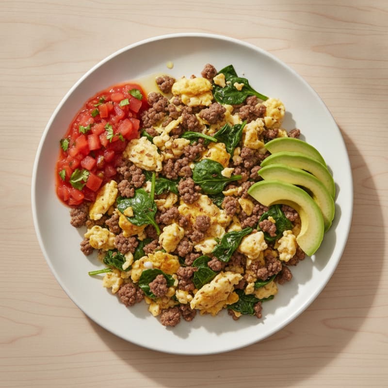 Scrambled Eggs with Ground Beef and Spinach