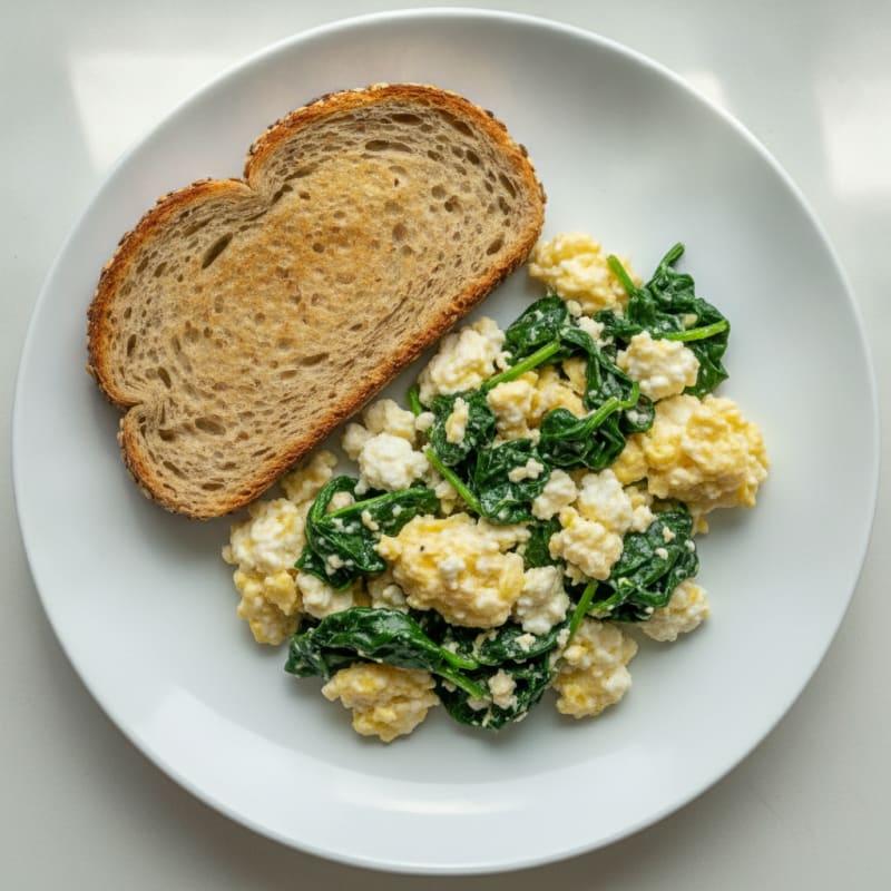 Scrambled Eggs with Cottage Cheese and Sautéed Spinach