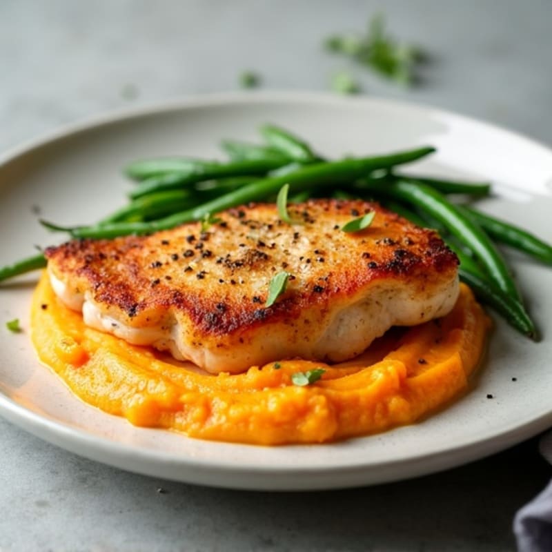 Crispy Pan-Seared Chicken with Creamy Sweet Potato Puree and Vanilla-Kissed Green Beans