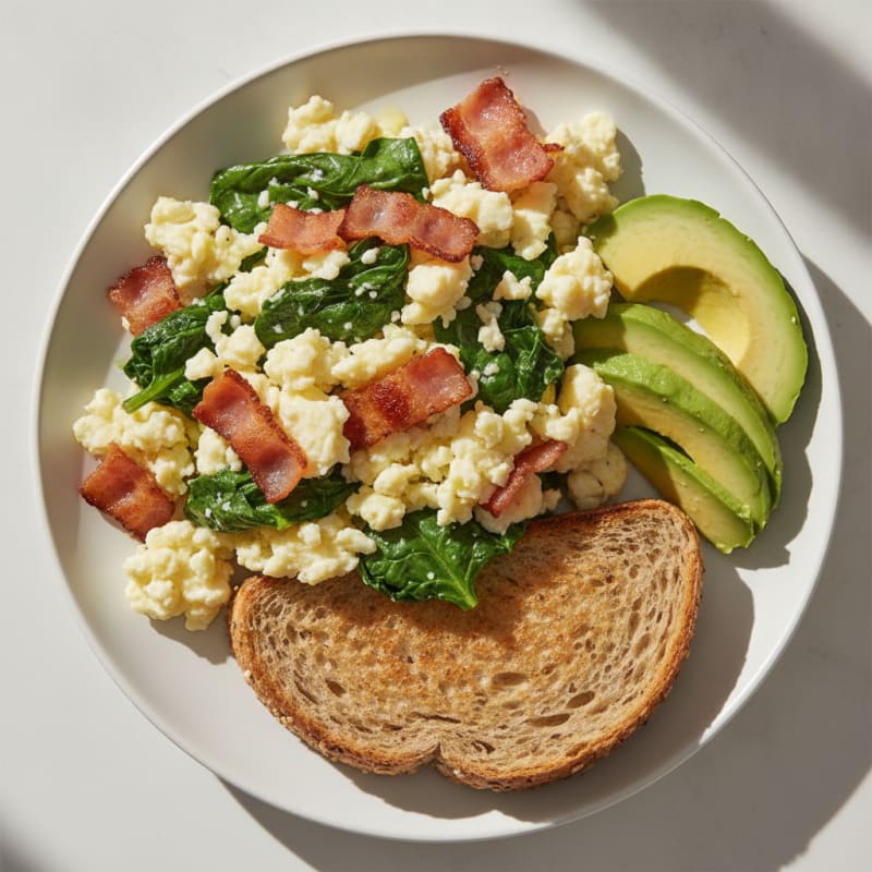 Crispy Turkey Bacon and Egg White Scramble with Sautéed Spinach