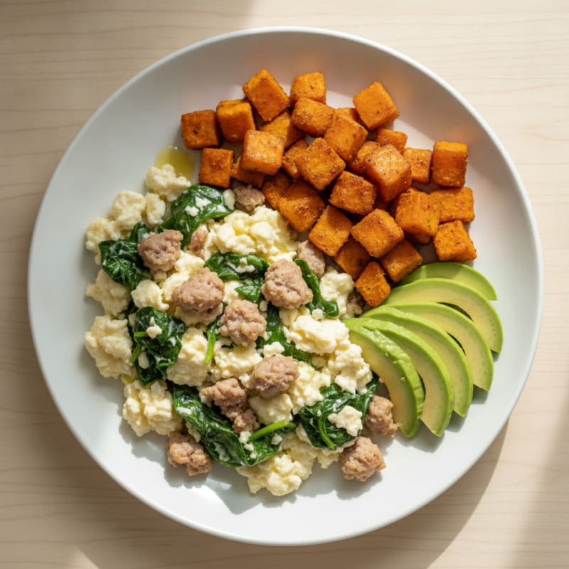 Scrambled Egg Whites with Turkey Sausage and Sautéed Spinach
