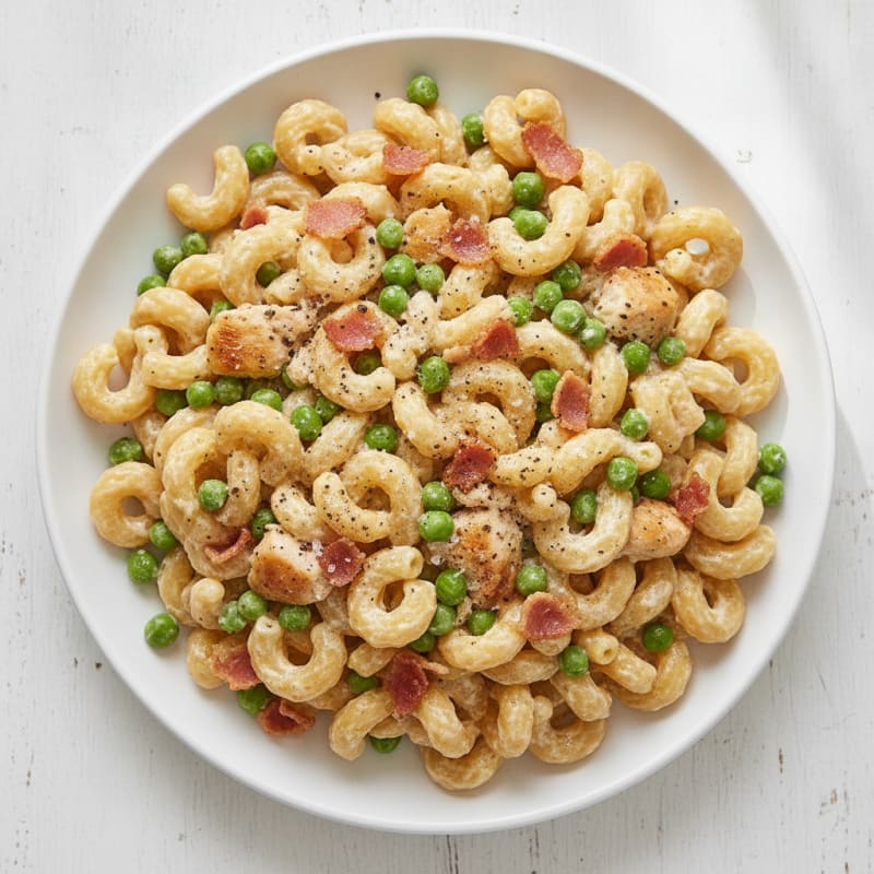 Cheesy Chickpea Pasta with Crispy Pancetta and Peas
