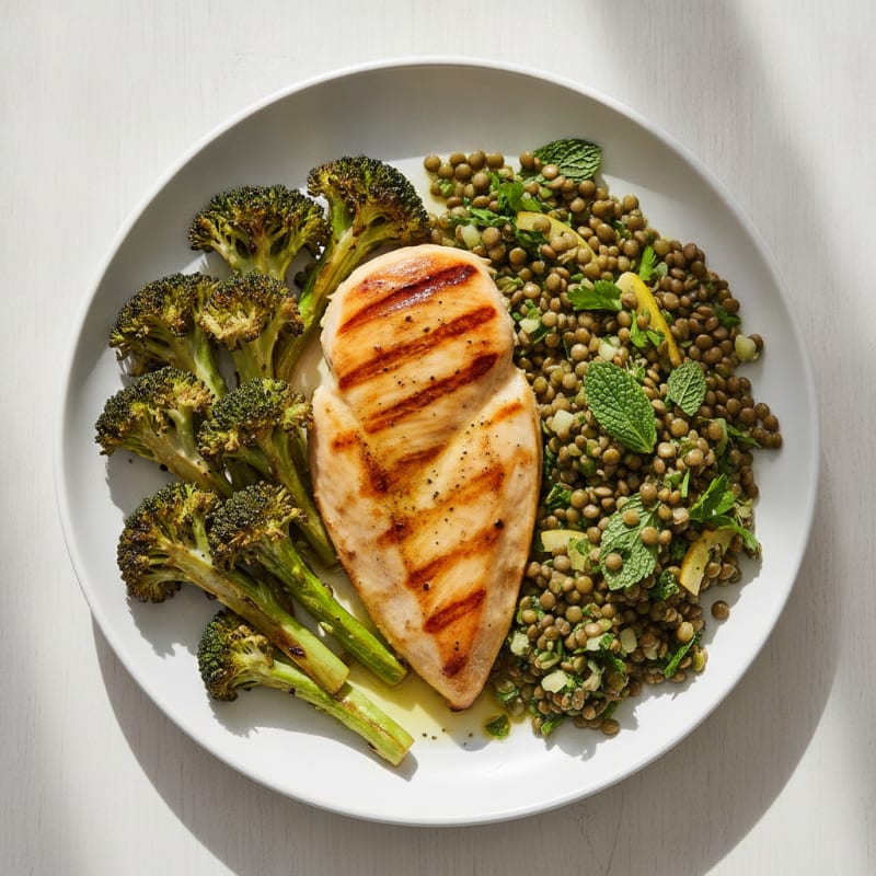 Grilled Chicken Breast with Roasted Broccoli and Lentil Salad