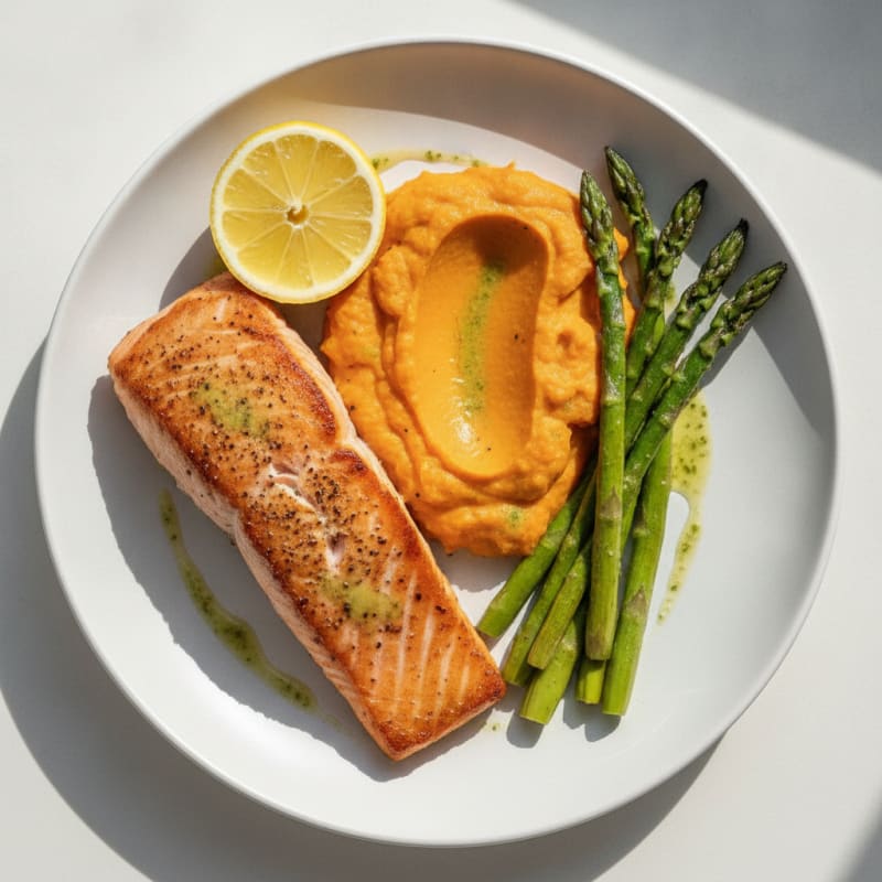 Seared Salmon with Roasted Asparagus and Sweet Potato Mash