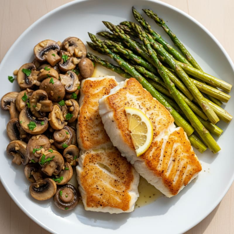 Seared Cod with Roasted Asparagus and Garlic Mushrooms