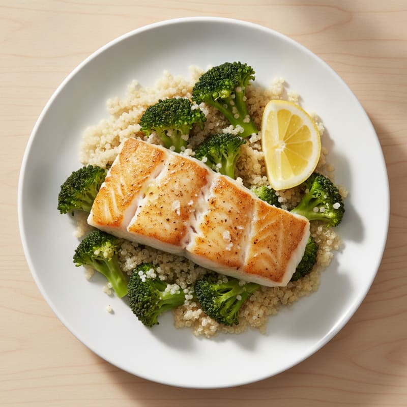 Seared Cod with Steamed Broccoli and Quinoa