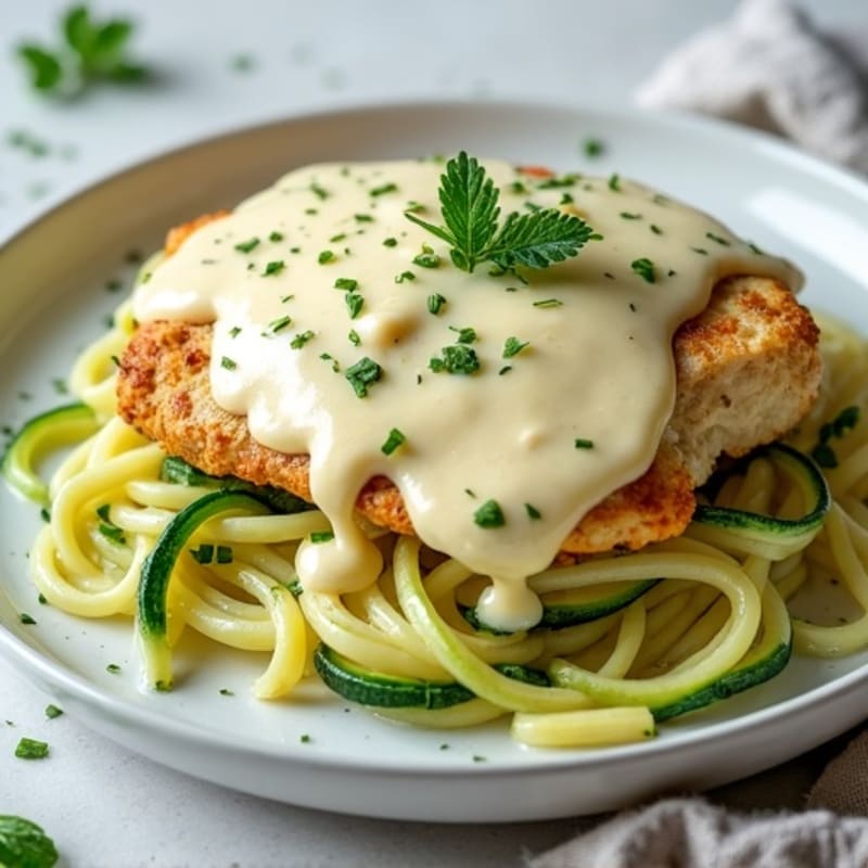 Creamy Cauliflower Alfredo Chicken with Zucchini Noodles